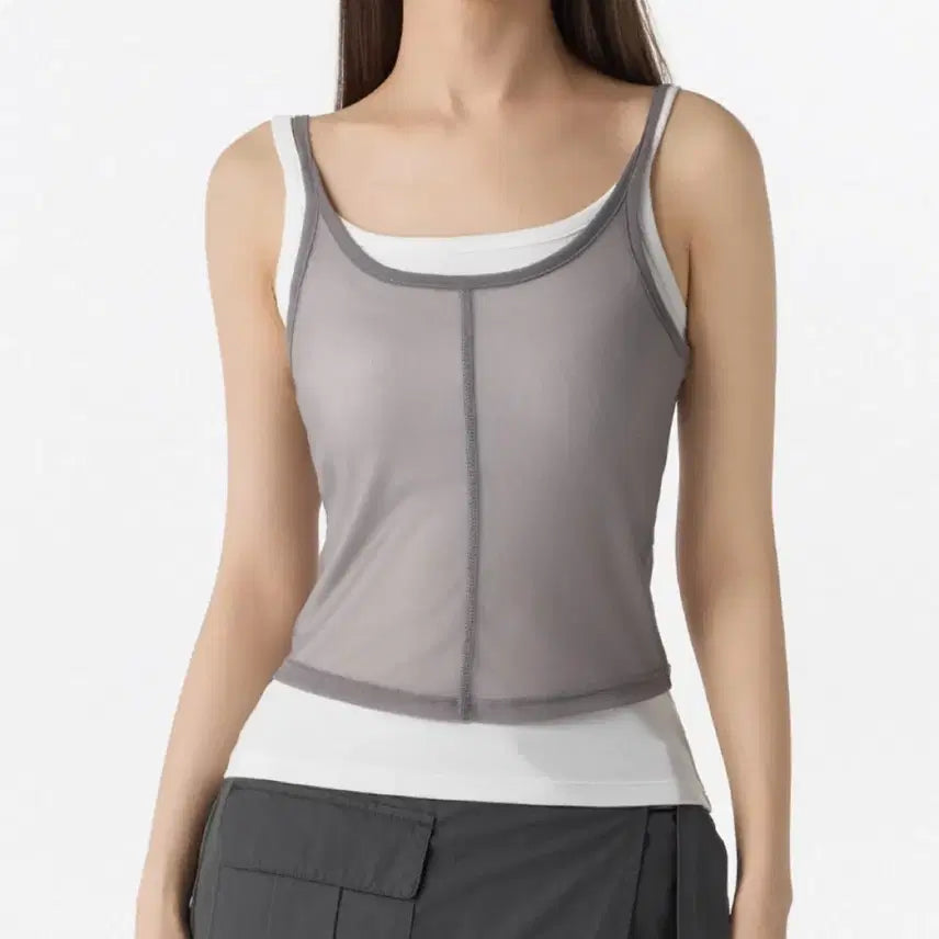 [BUNJANG] Women's Layered Mesh String Sleeveless Top (White/Light Gray) / 우먼즈 메시 탑 레이어드 스트링 슬리브리스 탑 [화이트/라이트 그레이]