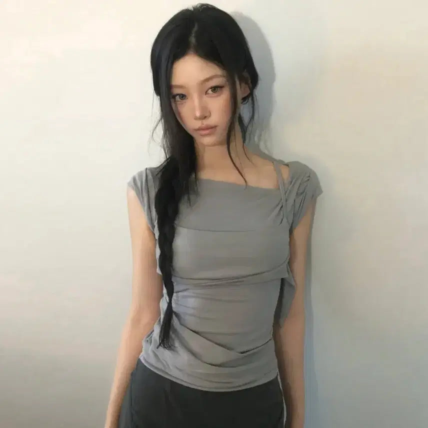 [BUNJANG] Play Up Layered Bustier T-Shirt Gray / 플레이업 레이어드 Layered Bustier T-shirt Gray