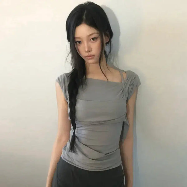 [BUNJANG] Play Up Layered Bustier T-Shirt Gray / 플레이업 레이어드 Layered Bustier T-shirt Gray