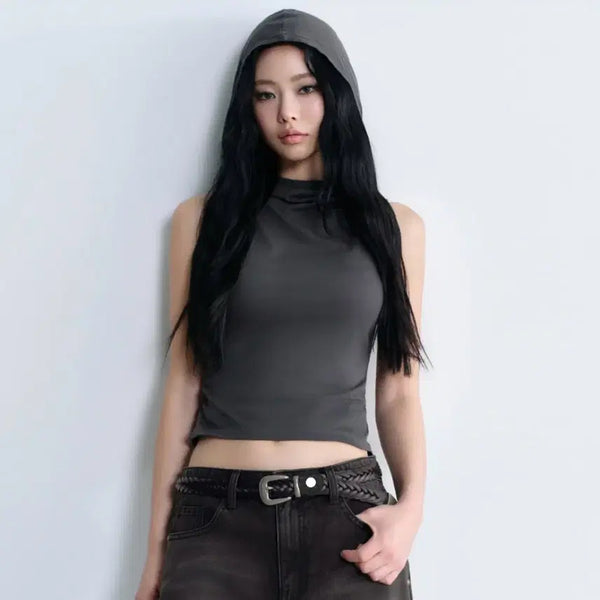 [BUNJANG] Women's Drape Hooded Sleeveless Top - Dark Grey / 우먼즈 드레이프 후디드 슬리브리스 탑 [다크 그레이]