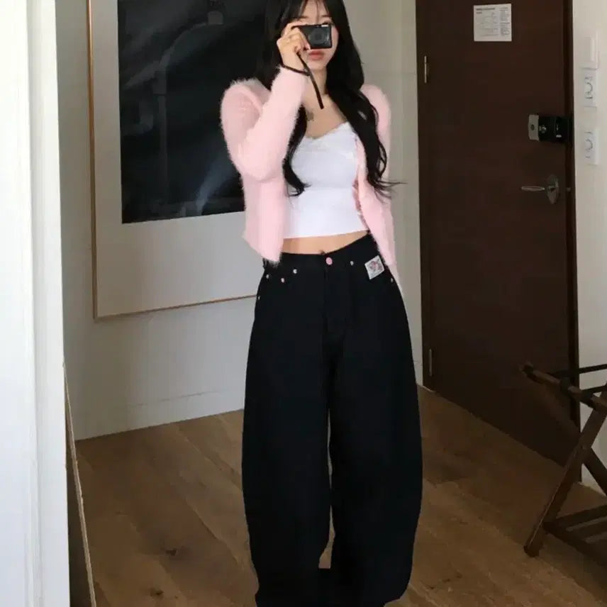 [BUNJANG] Pink Embroidery Black Pants / 핑크자수 블랙팬츠