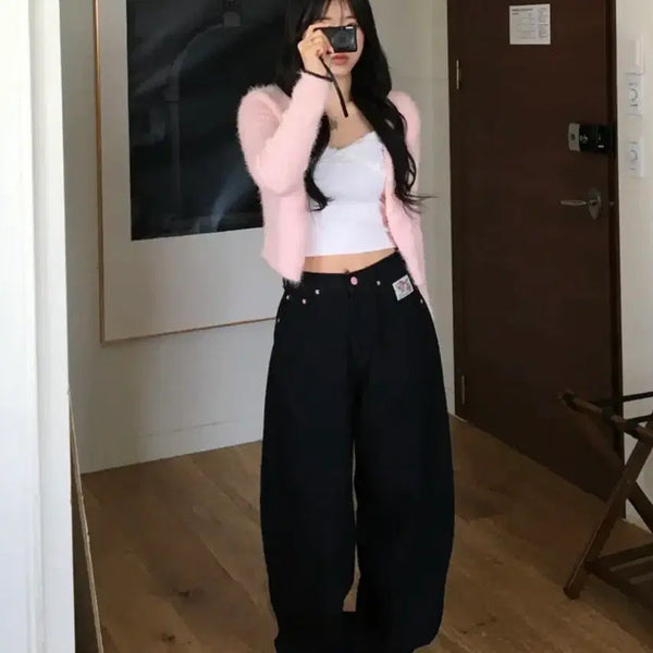 [BUNJANG] Pink Embroidery Black Pants / 핑크자수 블랙팬츠