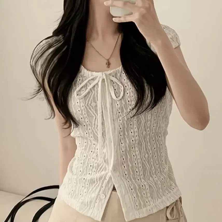 [BUNJANG] Lace Short Sleeve Blouse - Ivory/White / 레이스 반팔 블라우스 아이보리 화이트