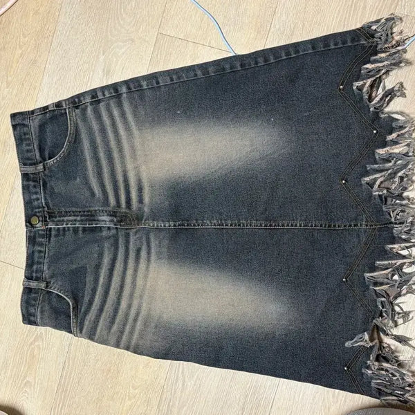 [BUNJANG] Fringed Denim Midi Skirt / 데님 스커트 프린지 스커트