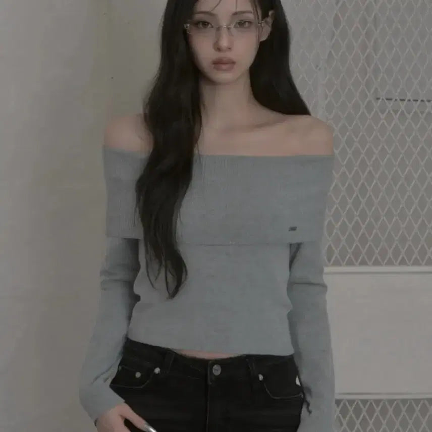 [BUNJANG] Khaki Point Folded Off-Shoulder Knit Gray / 카키포인트 Folded off-shoulder knit gray