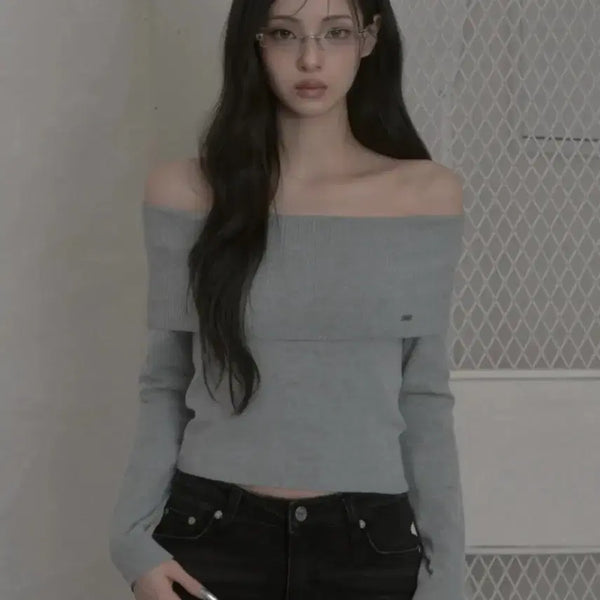 [BUNJANG] Khaki Point Folded Off-Shoulder Knit Gray / 카키포인트 Folded off-shoulder knit gray