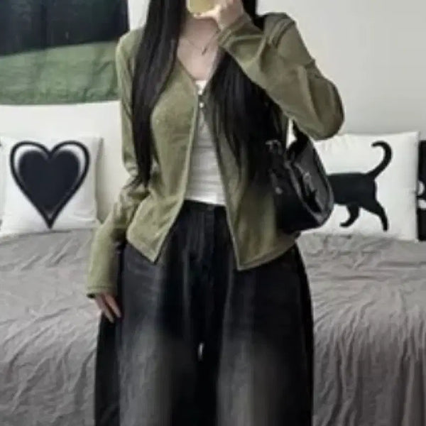 [BUNJANG] Khaki V-Neck Zipper Cardigan / 카키색 브이넥 지퍼 가디건