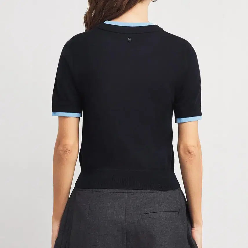 [BUNJANG] Sandro Two-Tone Short-Sleeve Cropped Knit Top / 산드로 투톤 반팔 크롭 니트