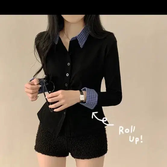 [BUNJANG] Checkered Colorblock Roll-up Cardigan / 체크 배색 롤업 가디건