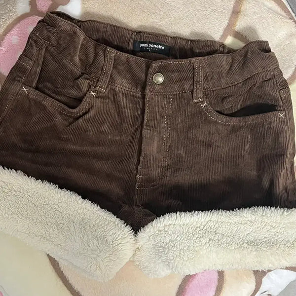 [BUNJANG] Hime Gyaru Corduroy Fur Pom-Pom Shorts / 라떼갸루 히메 갸루 폼포넷 코듀로이 퍼 반바지