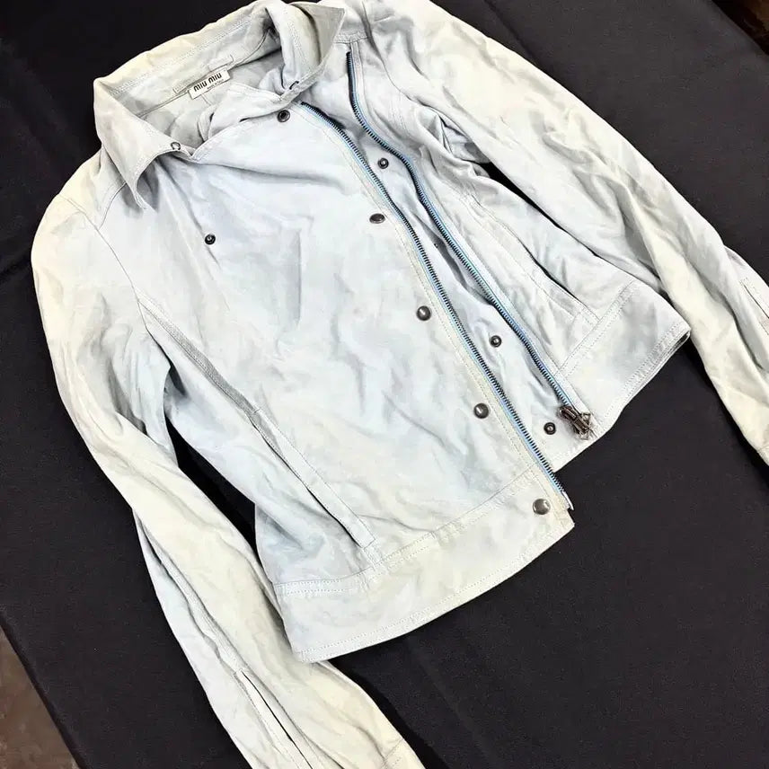 [BUNJANG] Miu Miu 2008 Washed Ice Blue Leather Moto Jacket / 2008 미우미우 워시드 아이스 블루 레더 모토 재킷