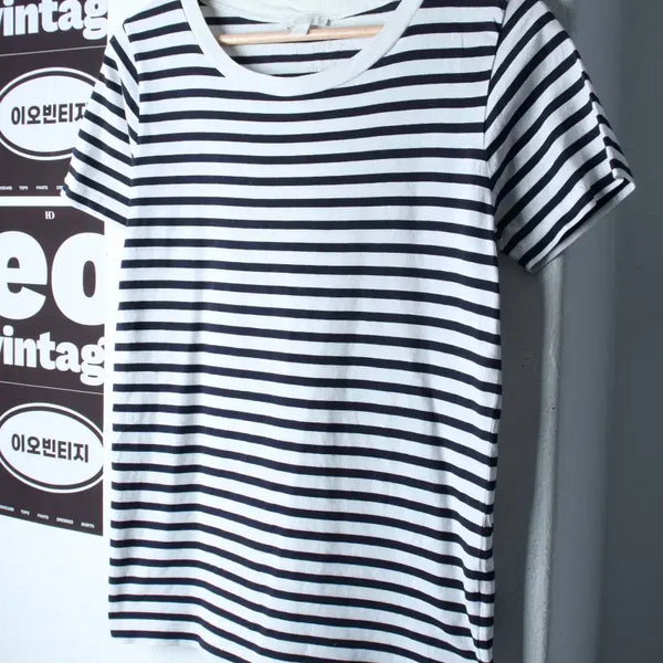 [BUNJANG] S-M Stripe Short Sleeve T-Shirt Navy / W(S-M) 코스 반팔 티셔츠 스트라이프 네이비 싱글 놈코어-H36779