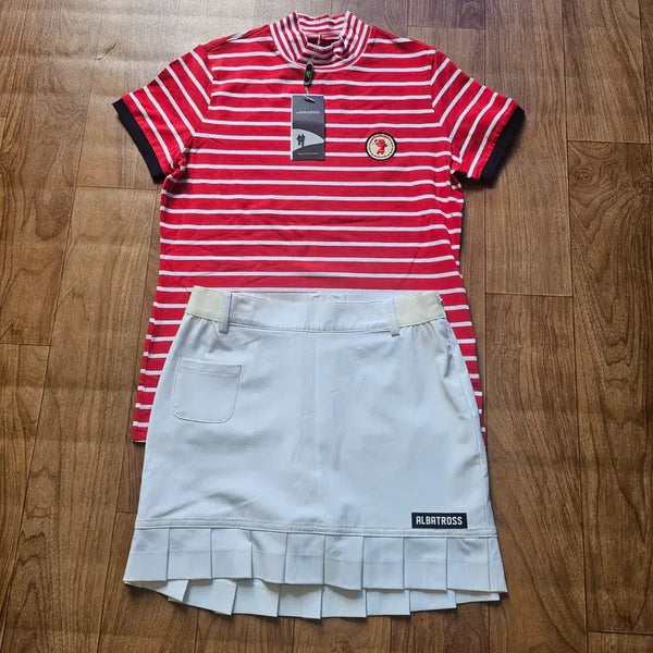 [BUNJANG] ALBATROSS Golf Wear Set: Red Stripe T-shirt & Beige Pleated Skirt / 골프 의류 세트 티셔츠 스커트