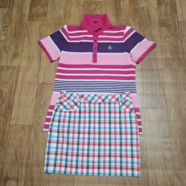 [BUNJANG] Striped Golf Top and Checked Skirt Set / 골프 의류 세트