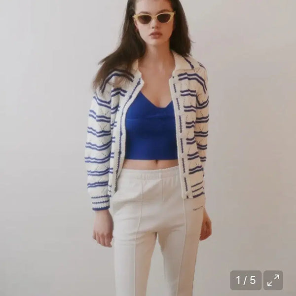 [BUNJANG] GREENBUTTER Blue Stripe Crochet Cardigan / (완전추천)그린버터 GREENBUTTER [55~66] 블루 스트라이프 크로셰 카라 가디건