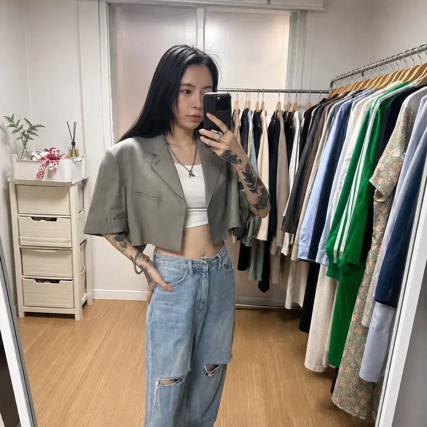 [BUNJANG] More Than Yesterday Grey Cropped Short-Sleeve Jacket / 모어댄예스터데이 그레이 크롭 반팔 자켓