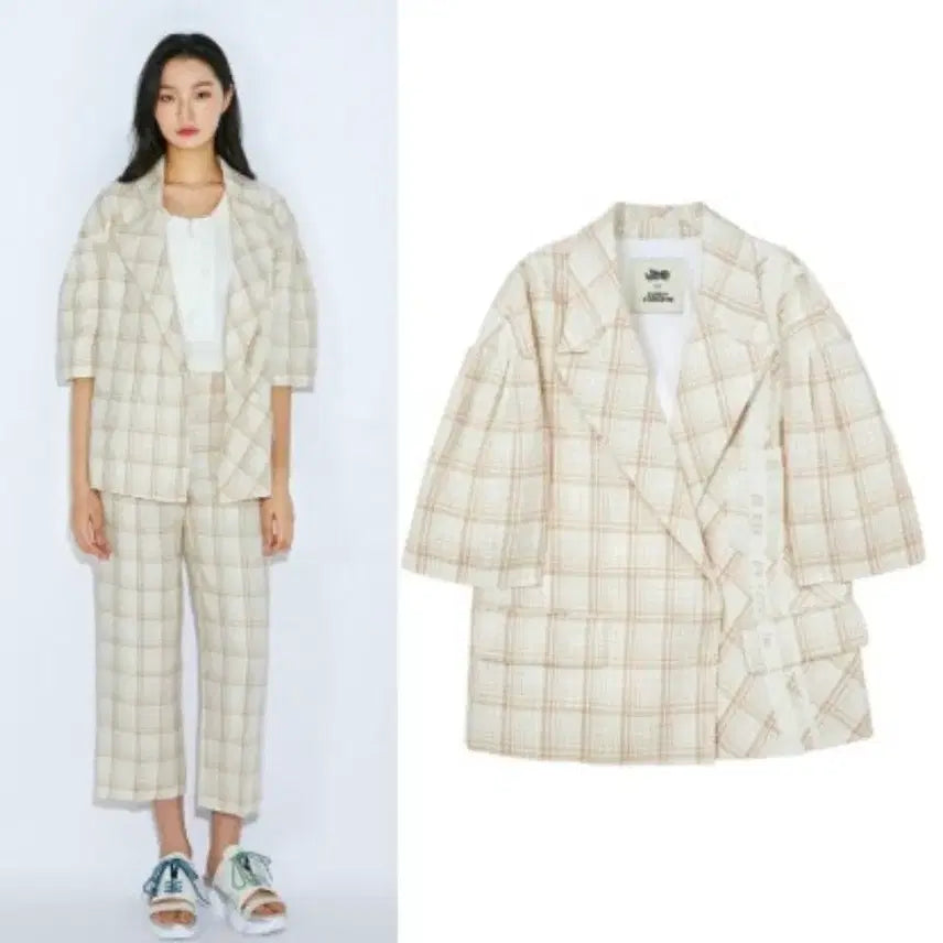 [BUNJANG] Lucky Chouette JDC Linen Check Back Slit Jacket (Size 36) / 20년 럭키슈에뜨 JDC 린넨100 체크 백슬릿 자켓 36 희소디자인