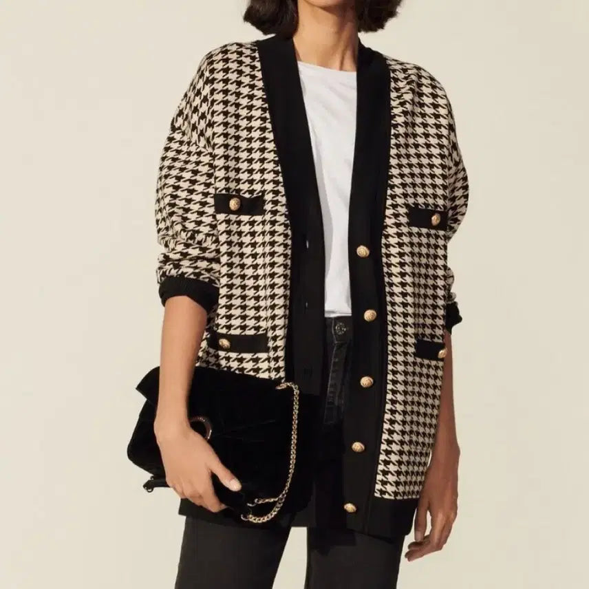 [BUNJANG] Sandro Houndstooth Oversized Fit Cardigan / 산드로 Sandro 하운드투스 오저핏 가디건 1사이드