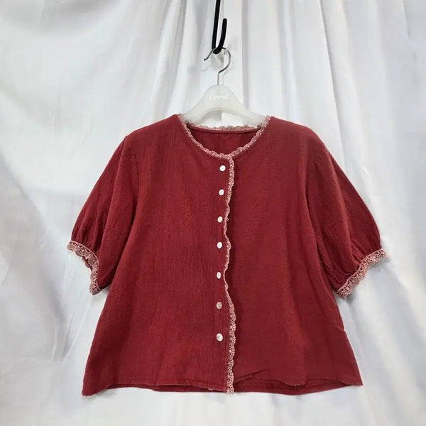 [BUNJANG] Red Women's Lace Short-Sleeve Blouse / 레드 여성레이스 블라우스반팔F