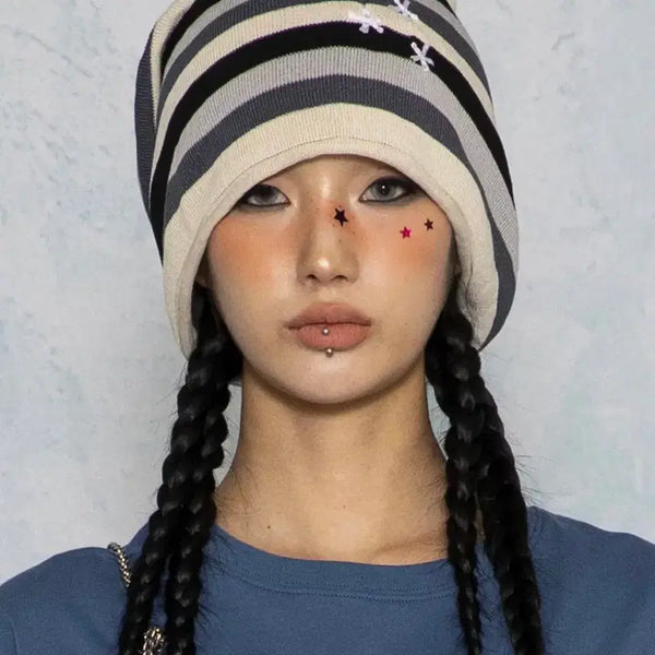 [BUNJANG] Glac Summer Stars Stripe Long Beanie Black / 글랙 써머 스타즈 스트라이프 롱 비니 블랙