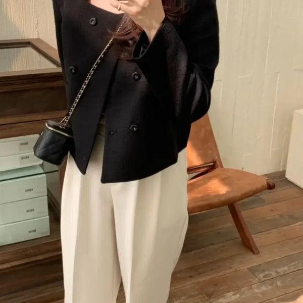 [BUNJANG] Black Double-Button Tweed Crop Jacket / 블랙 더블 버튼 트위드 크롭 자켓
