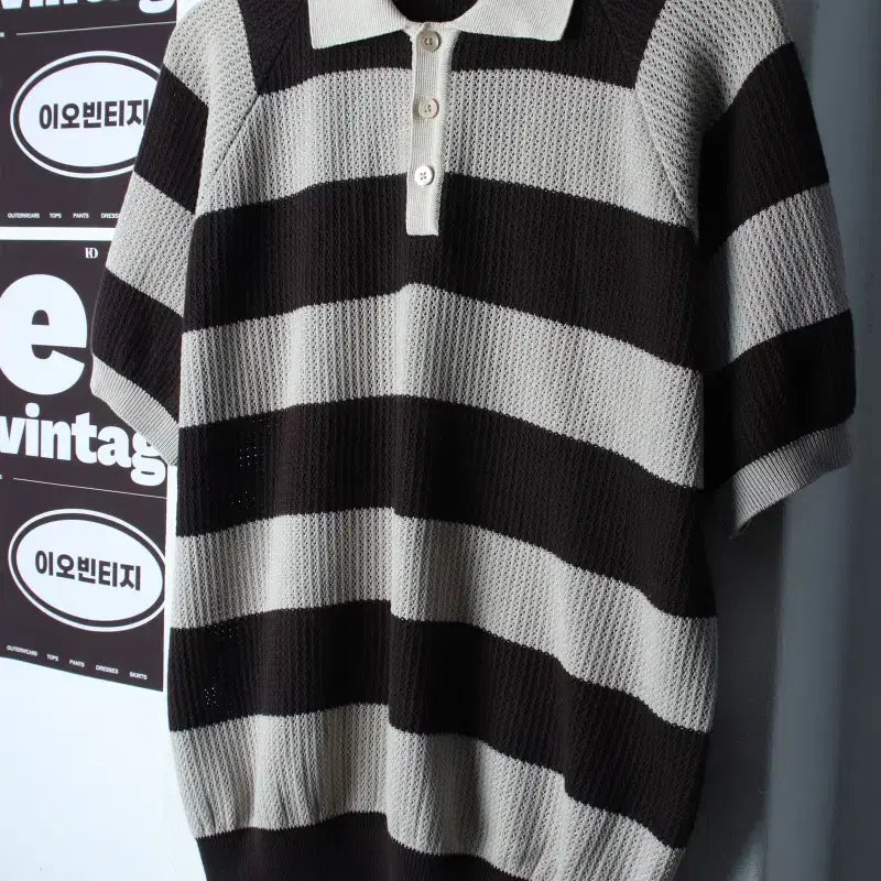 [BUNJANG] Blank Room Striped Collar T-shirt Knit Charcoal / (M-L) 블랭크룸 반팔 카라 티셔츠 니트 스트라이프 차콜-H36378