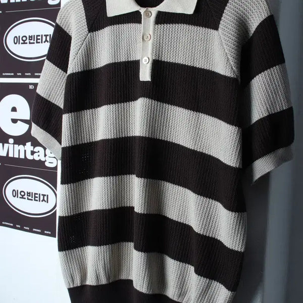 [BUNJANG] Blank Room Striped Collar T-shirt Knit Charcoal / (M-L) 블랭크룸 반팔 카라 티셔츠 니트 스트라이프 차콜-H36378
