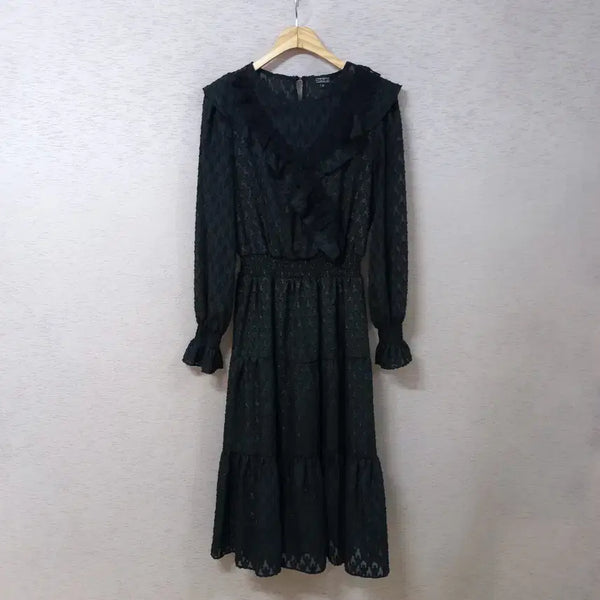 [BUNJANG] Egoist Black Pattern Long Dress with Gold Thread Waistband / B8-17/에고이스트 허리밴딩 금사배색 블랙 패턴 롱원피스 봄가을 여성