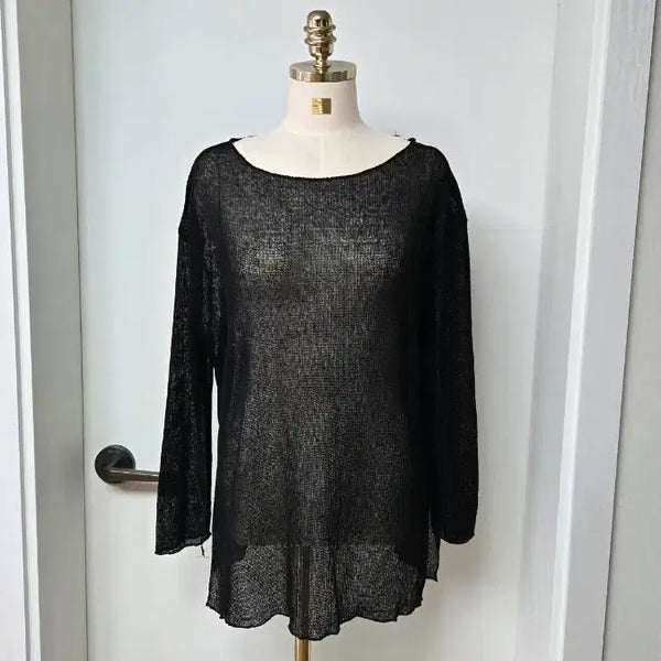 [BUNJANG] Loose Fit See-Through Black Long Sleeve T-Shirt with Side Slits / 루즈핏 양쪽 옆트임 시스루 블랙 긴팔