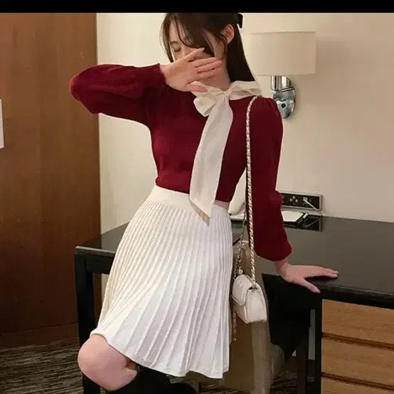 [BUNJANG] Wine Red Ribbon Knit Top / 연말 와인색 리본 니트 에이블리 지그재그