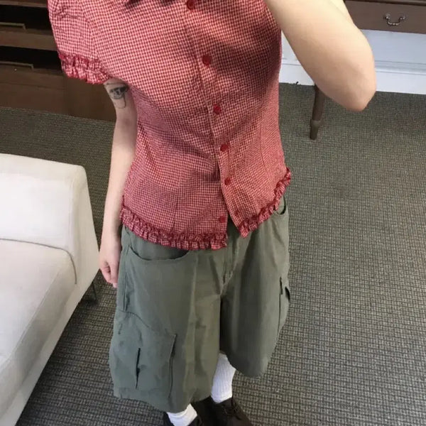 [BUNJANG] Check Frill Blouse / 포아 체크 프릴 블라우스