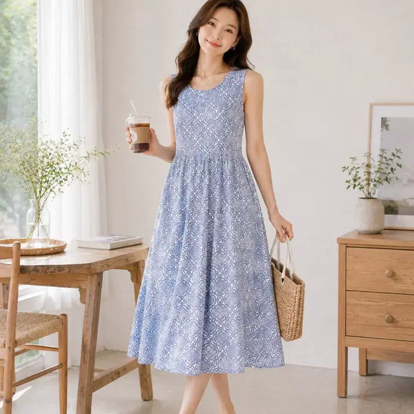 [BUNJANG] Sleeveless Long Dress with Vibrant Pattern / 원피스