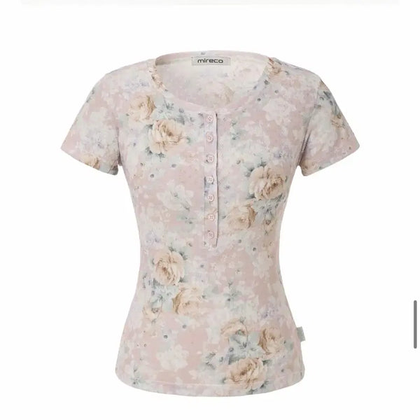 [BUNJANG] Mireco Flower Button T-shirt Pink / 미레코 플라워 버튼 티 핑크 Mireco FLOWER BUTTON T