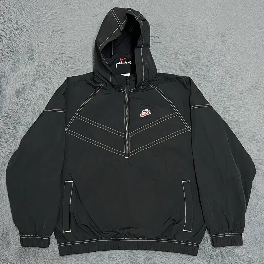 [BUNJANG] Nike Stitch Black Hooded Anorak - Size L / (정품) 나이키 스티치 블랙 후드 아노락 L