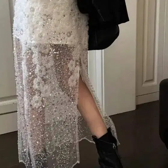 [BUNJANG] Imported White Beaded See-Through Long Skirt / 새상품 수입 화이트 비즈 시스루 롱 스커트