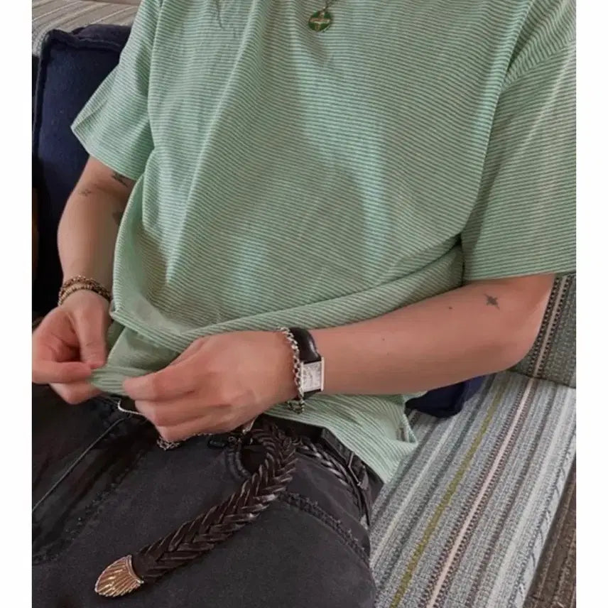 [BUNJANG] Untitled Striped Short Sleeve T-Shirt Green / OS) 언타이틀드 아이딜 스트라이프 반팔 그린
