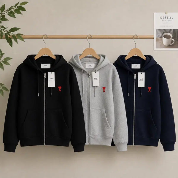 [BUNJANG] AMI Heart Logo Pullover Hoodie Zip-up (Black, Gray, Navy) / 아미 하트 로고 풀오버 후드 집업 블랙/그레이/네이비