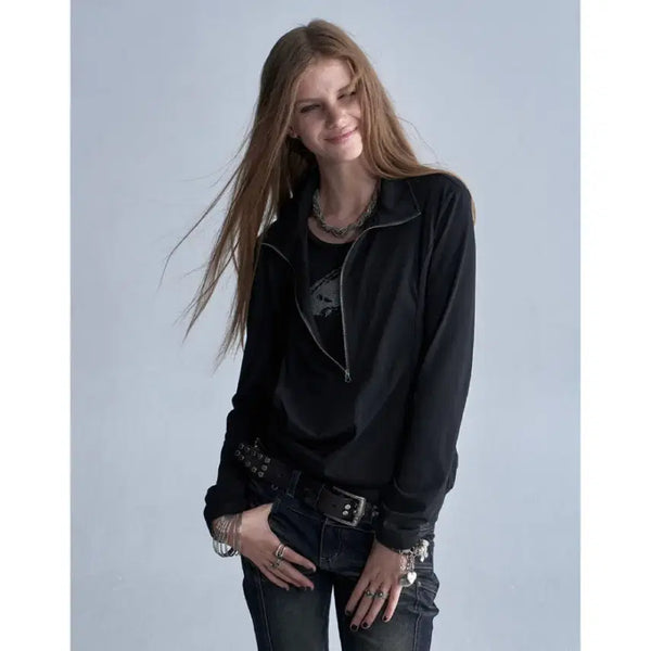 [BUNJANG] Wear & Tear Two-Piece Stand Collar Zipper Black Punk Long-Sleeve T-Shirt / wearAndtear 티셔츠 투피스 스탠드 칼라 지퍼 블랙 펑크 긴팔 티셔츠 일체형