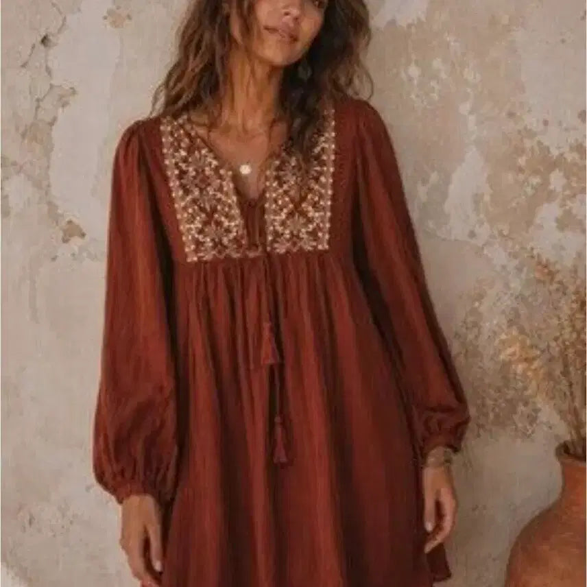 [BUNJANG] Zara Bohemian Brown Embroidered Dress M / ZARA 자라 보헤미안 브라운 자수 원피스 M(새상품)