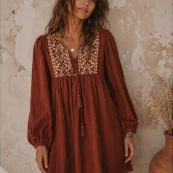 [BUNJANG] Zara Bohemian Brown Embroidered Dress M / ZARA 자라 보헤미안 브라운 자수 원피스 M(새상품)