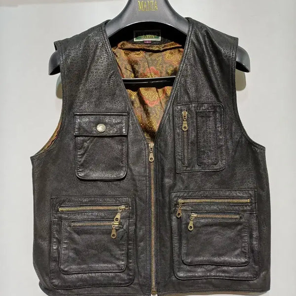 [BUNJANG] IVY CLUB Black Leather Vest with Zipper Pockets / IVY CLUB