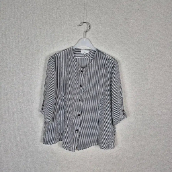 [BUNJANG] Black Round Collarless Stripe Blouse Jacket / (#66,77추천) 블랙 라운드노카라 스트라이프 블라우스자켓