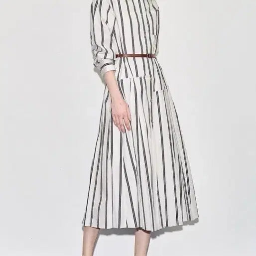 [BUNJANG] TIME by Hansem Striped Long Dress with Natural Leather Belt Set / 한섬 TIME 타임 천연가죽벨트세트 스트라이프 원피스 55~66