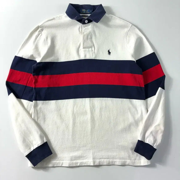 [BUNJANG] Polo Ralph Lauren Embroidered Cotton White Stripe Polo T-Shirt / Polo  폴로 랄프로렌 자수 코튼 화이트 스트라이프 카라 티셔츠