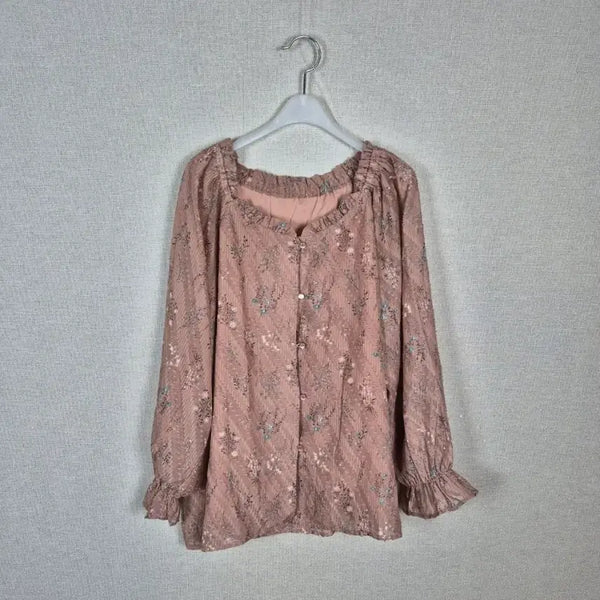 [BUNJANG] Skin Brown Dobby Dot Floral Blouse LL / (#77,88추천) 스킨브라운 도비도트 플로럴 블라우스