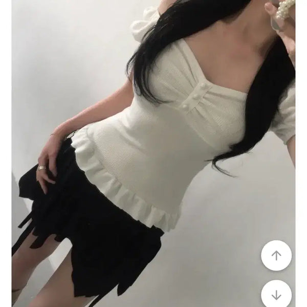 [BUNJANG] Frill Puff Sleeve Shirring Top White / 에이블리 프릴 퍼프 소매 셔링 탑 화이트