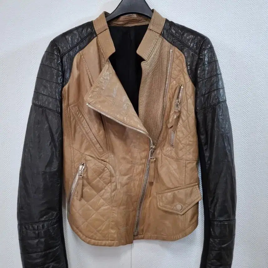 [BUNJANG] Women's Color-Blocked Leather Rider Jacket Beige/Black / 가죽 라이더 자켓 베이지/블랙