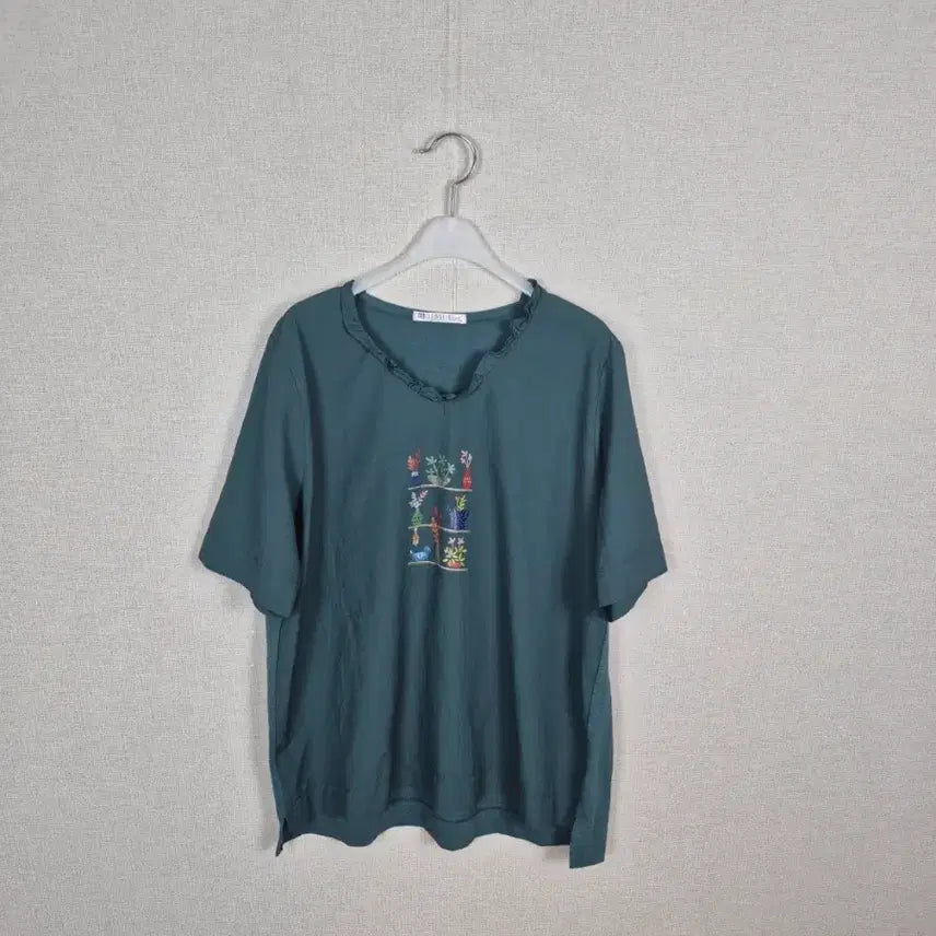 [BUNJANG] Green Frill Neck Print Short Sleeve Blouse XL / (#77,88추천/XL)그린 플릴넥 프린트 반팔 블라우스