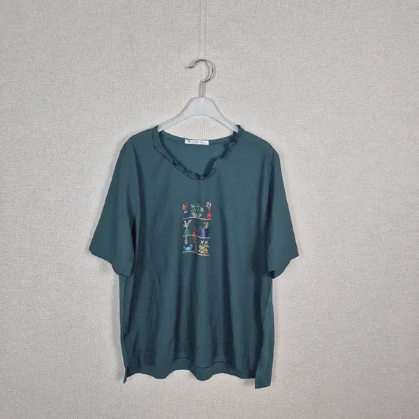 [BUNJANG] Green Frill Neck Print Short Sleeve Blouse XL / (#77,88추천/XL)그린 플릴넥 프린트 반팔 블라우스