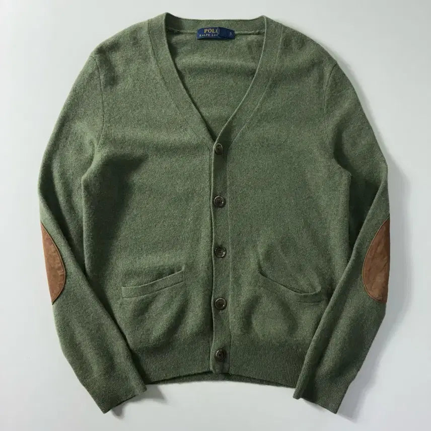 [BUNJANG] Polo Ralph Lauren Wool Elbow Patch Khaki Knit Cardigan / Polo  폴로 랄프로렌 울 엘보패치 카키 니트 가디건